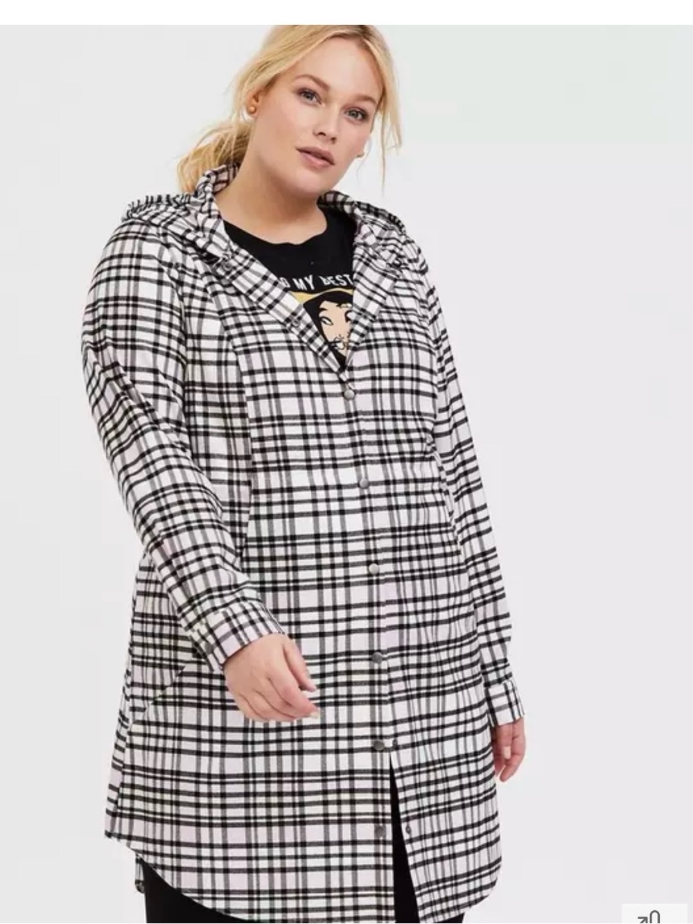 Black & White Plaid Hooded Shirt Jacket